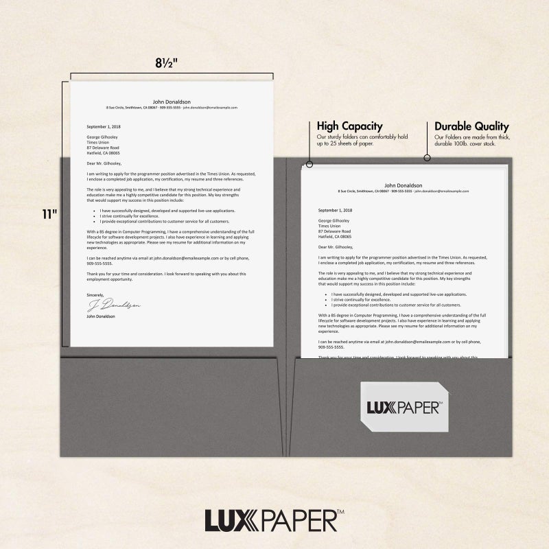 LUXPaper 9" x 12" Presentation Folders | Two Pocket | Smoke Gray | 100lb. Cover | 25 Qty - Image 4